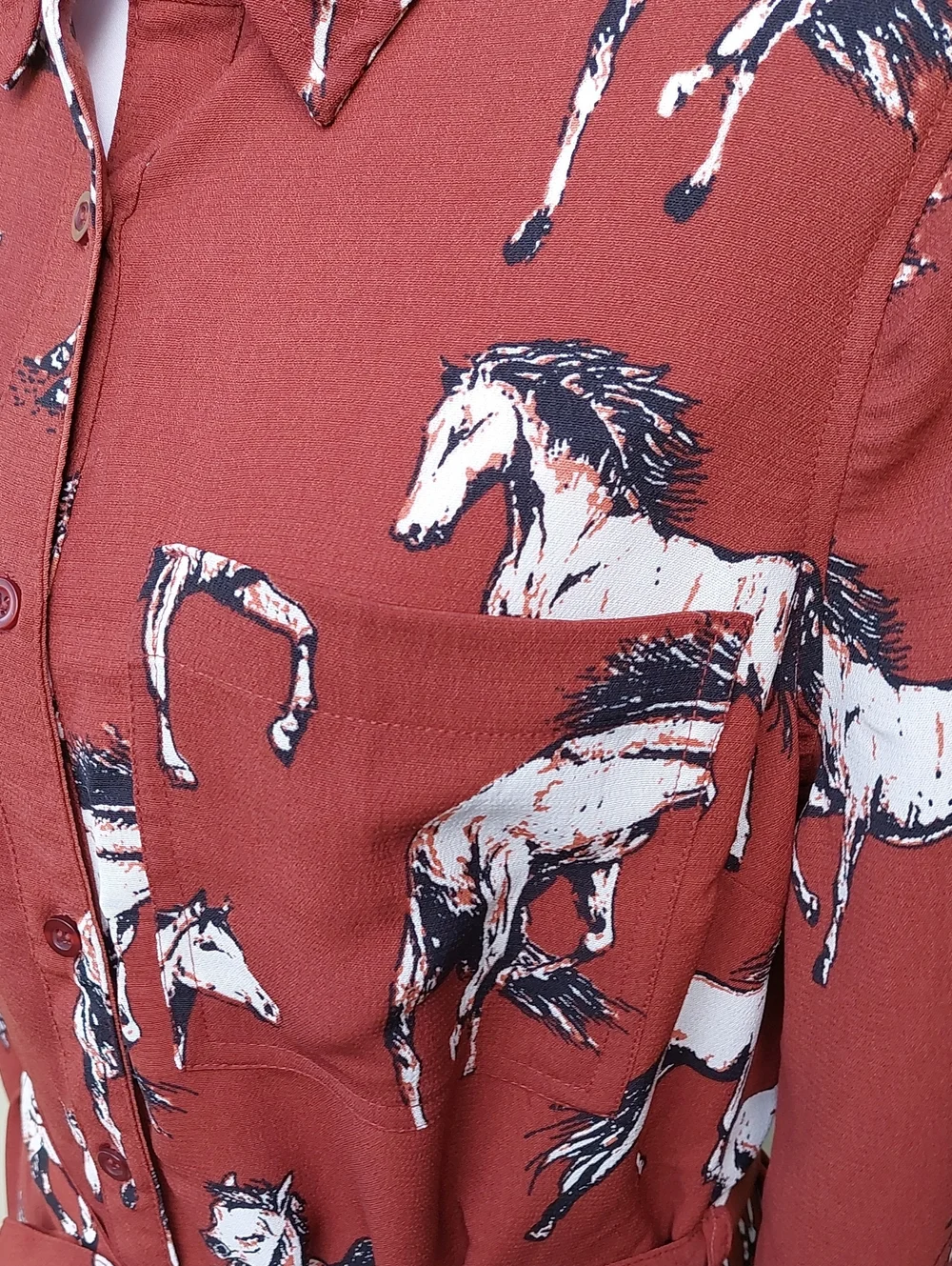 Cotton & Rye Brown White Horse Print Waist Tie Midi Dress Sz L